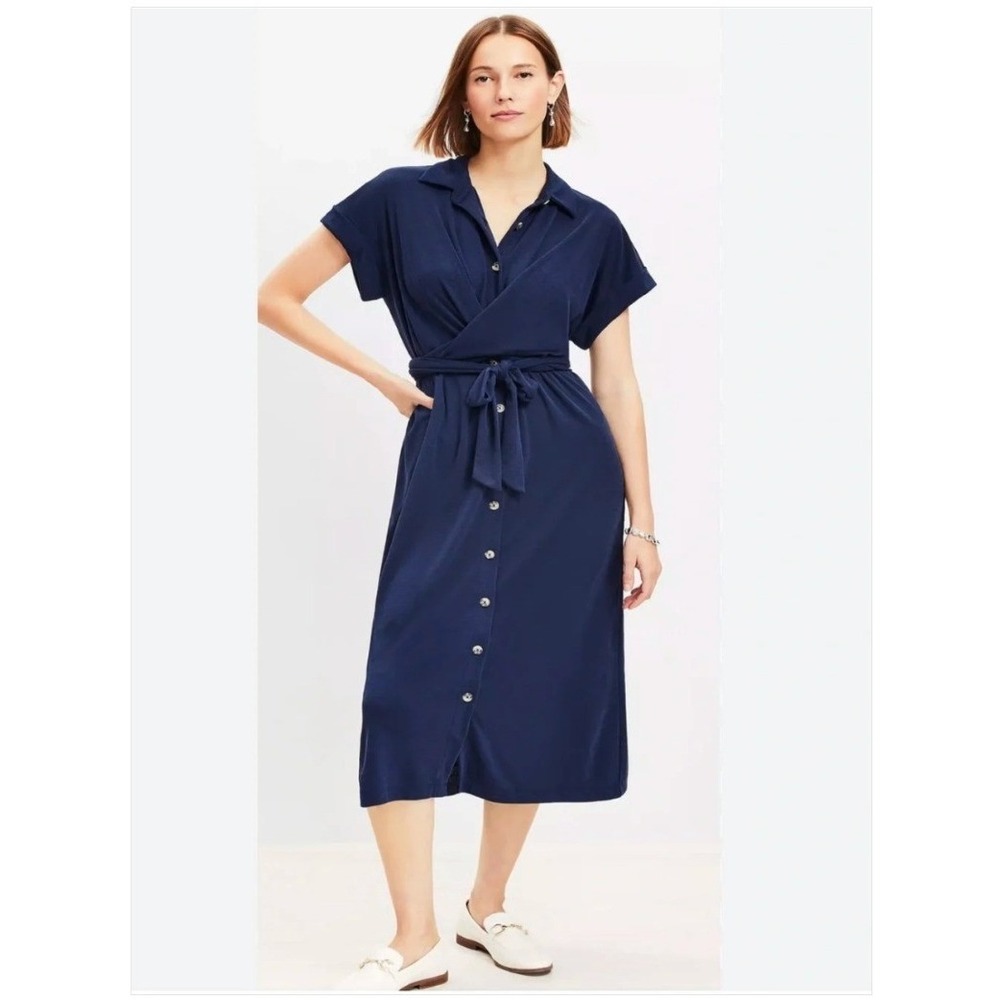 Loft Women's Sz 6 Petite Button Front Midi Shirt Dress Navy Blue Collared Belted